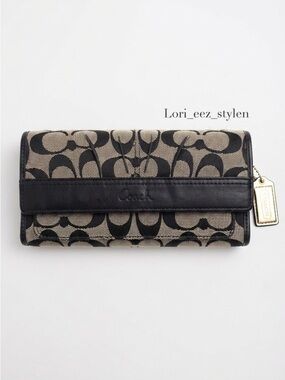 Y2K Vintage Coach Canvas Continental Wallet in Black and Tan with Gold Tag